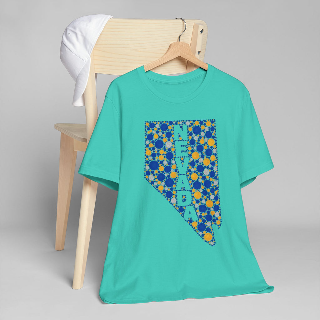 Teal crewneck T-shirt with Nevada state floral dot graphic in blue and gold