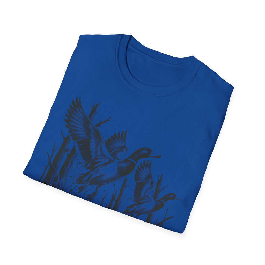 Royal blue T-shirt with flying duck graphic across the lower front