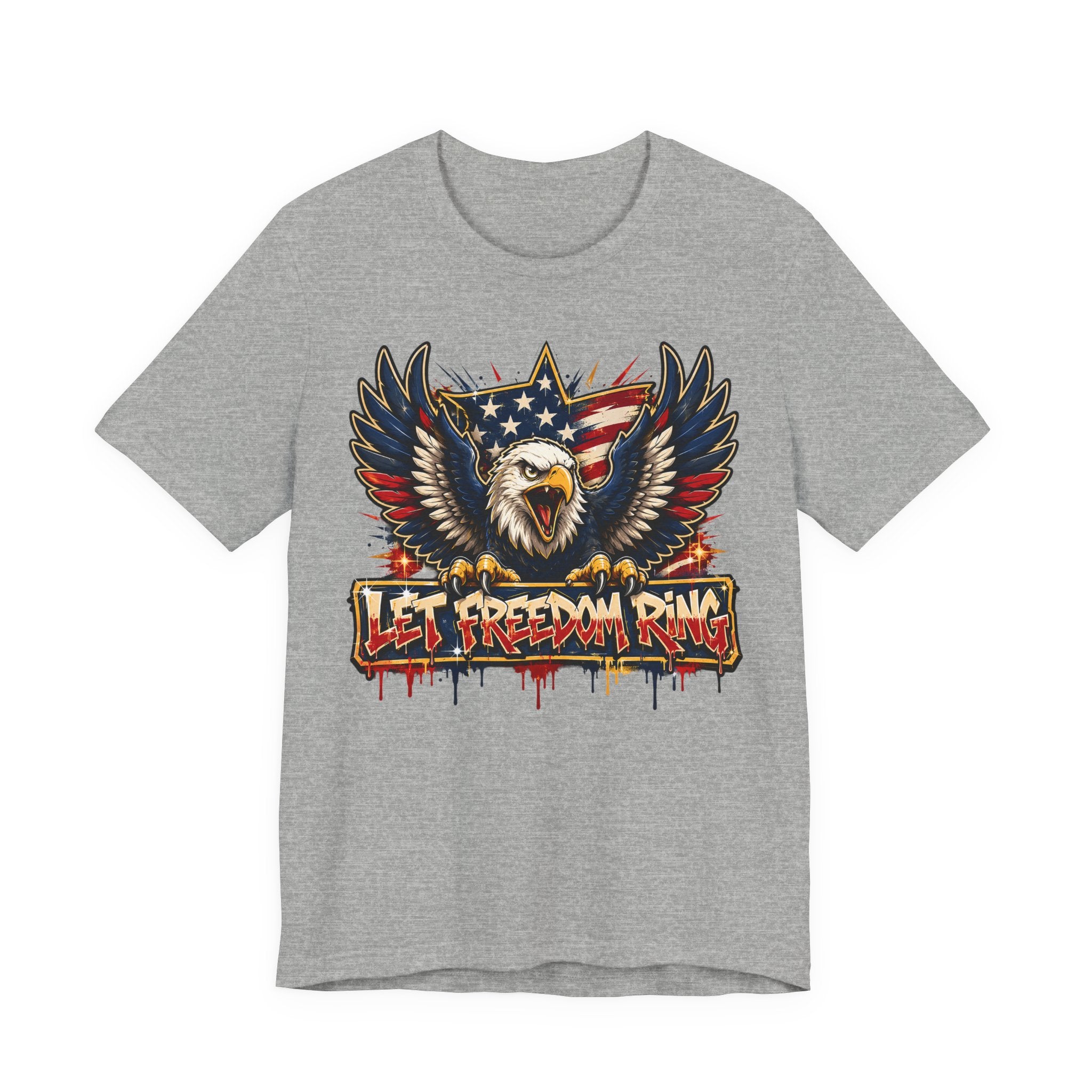 Heather gray t-shirt with bald eagle wings graphic and “Let Freedom Ring” text