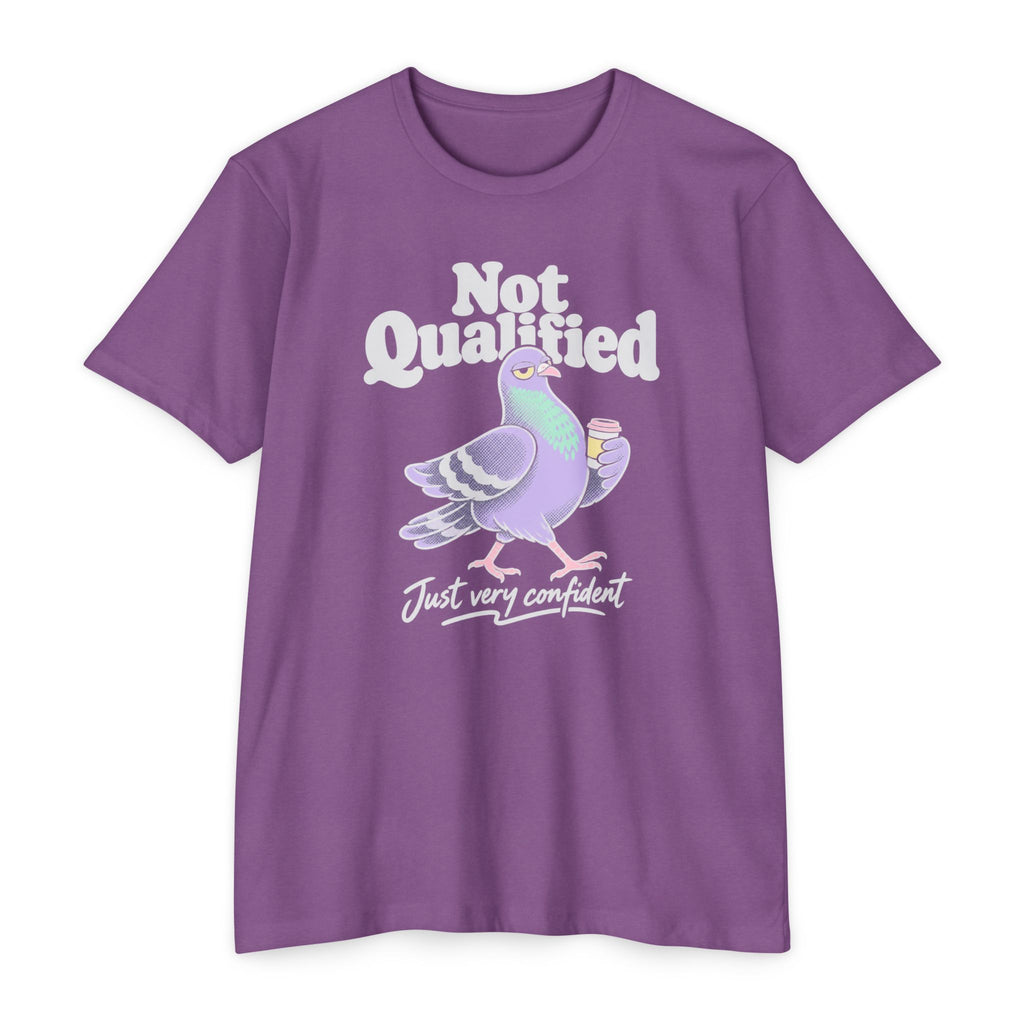 Purple crew-neck T-shirt with Not Qualified pigeon graphic