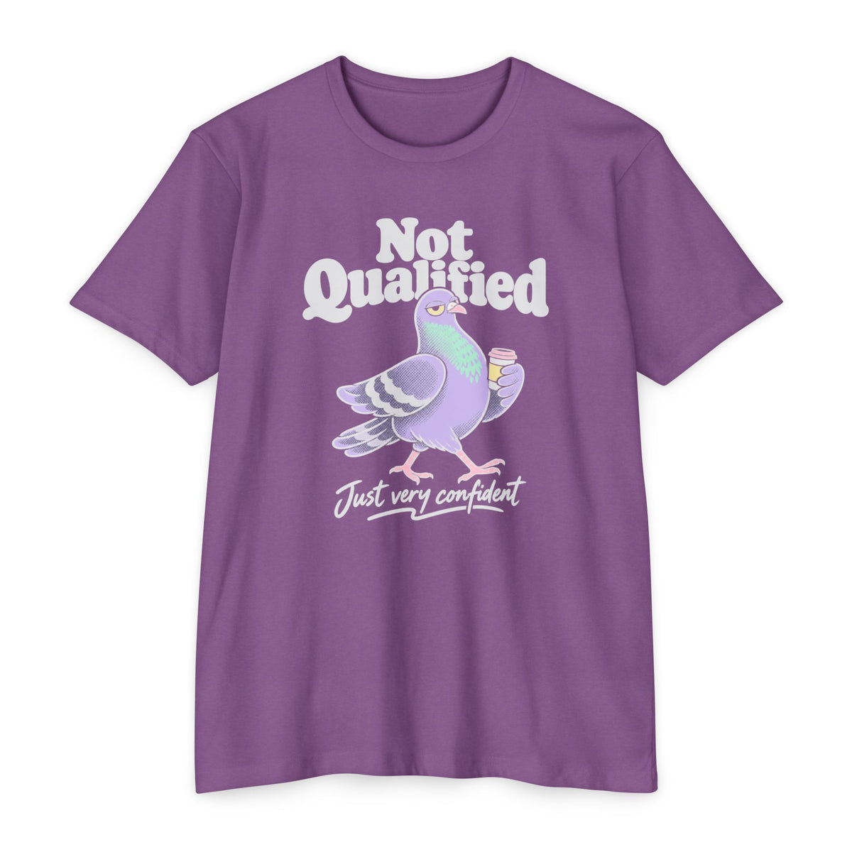 Purple crew-neck T-shirt with Not Qualified pigeon graphic