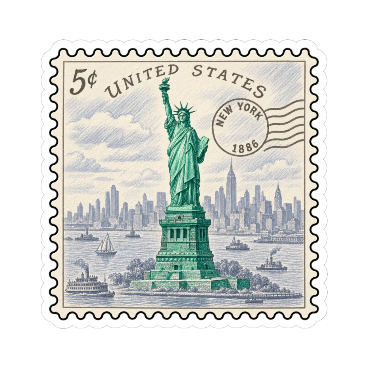 United States vintage stamp sticker featuring Statue of Liberty and ships in bay