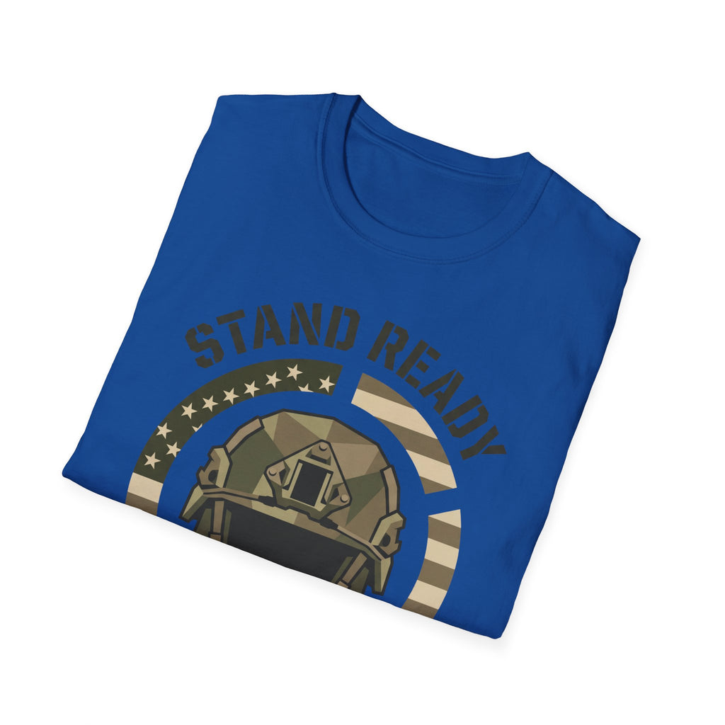 Blue crew-neck t-shirt featuring helmet graphic with arched “STAND READY” text