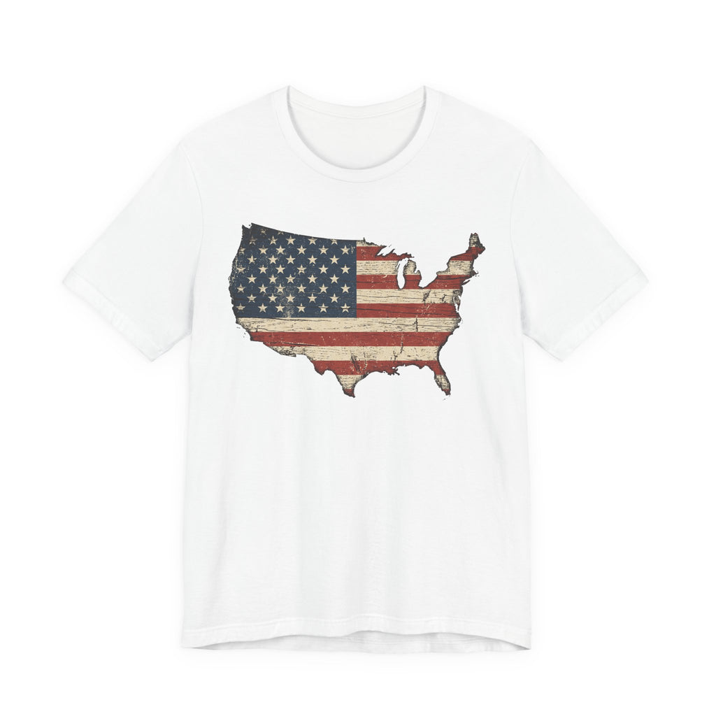 White crewneck T-shirt with distressed American flag map graphic