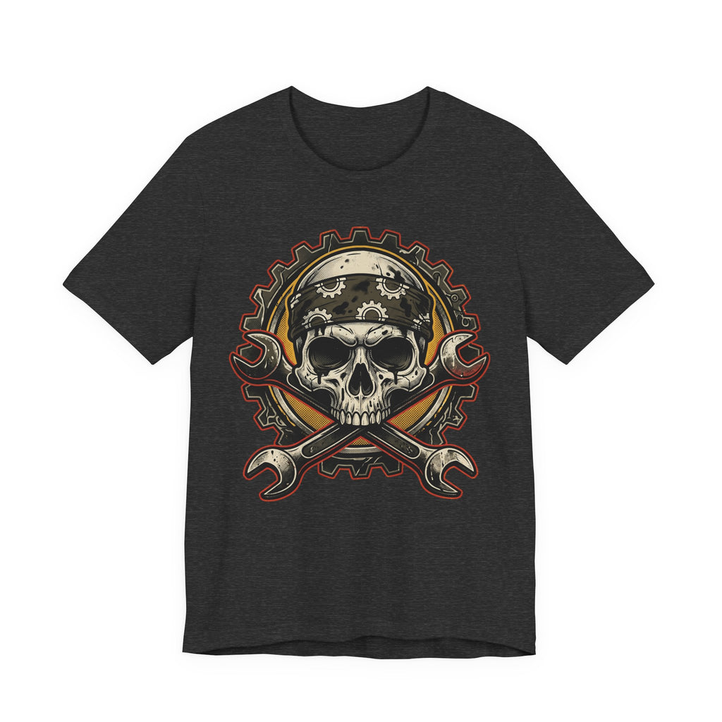 Dunkelgraues T-Shirt mit Biker-Schädel-Graphic und gekreuzten Schraubenschlüsseln