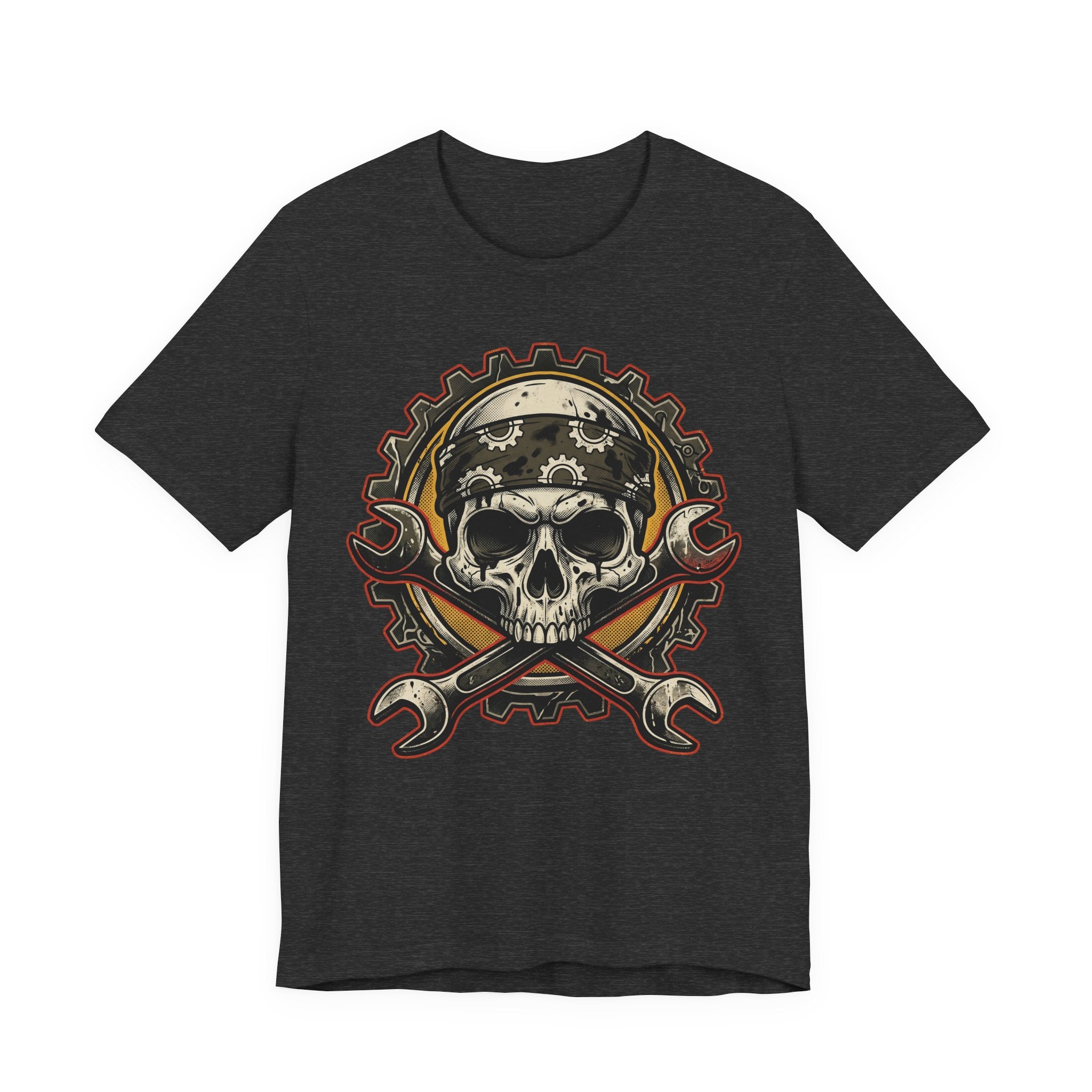 Dunkelgraues T-Shirt mit Biker-Schädel-Graphic und gekreuzten Schraubenschlüsseln