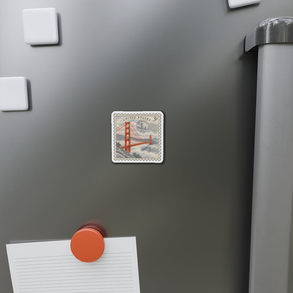 Die-cut Golden Gate Bridge stamp magnet on stainless refrigerator door