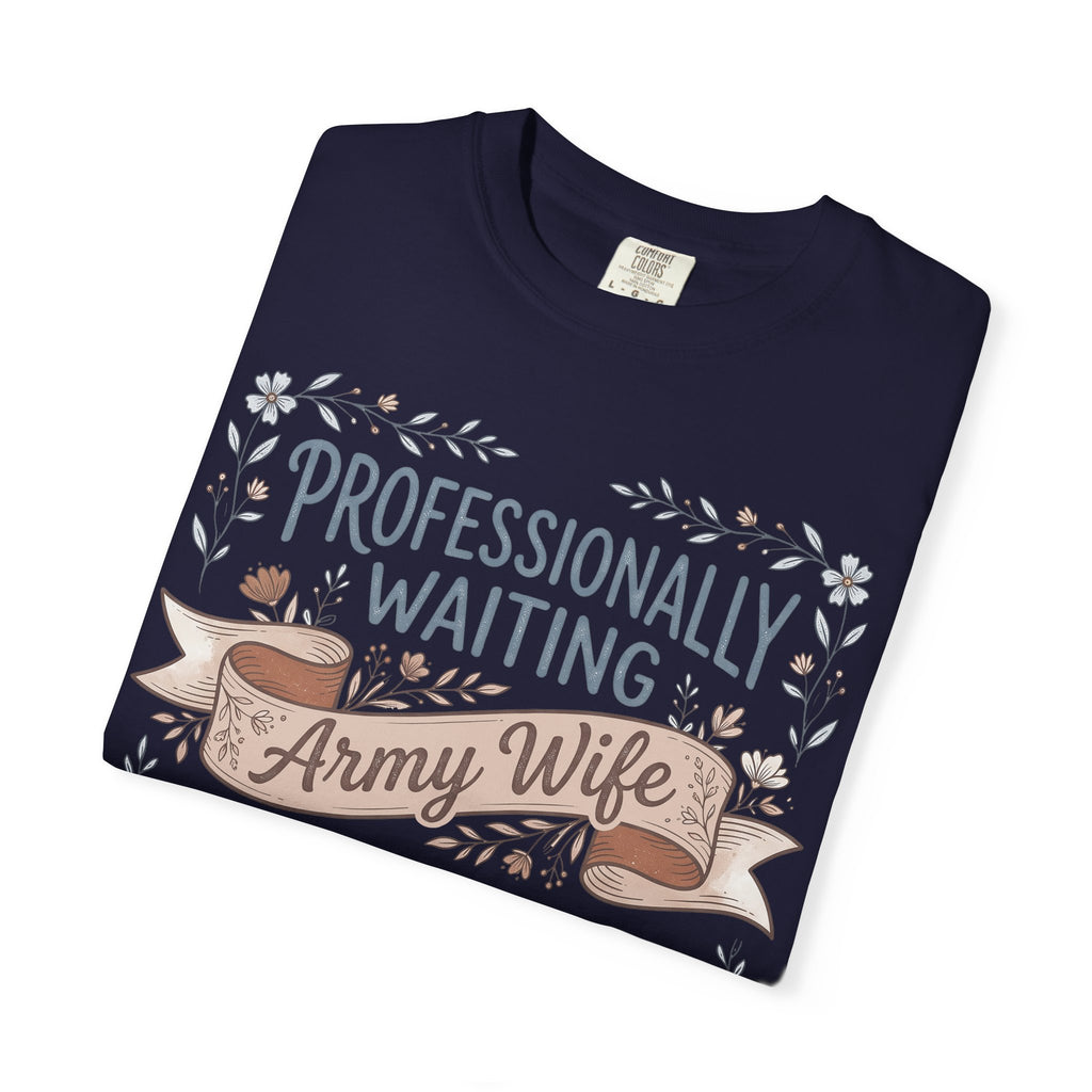 Navy folded crewneck t-shirt with floral ribbon “Professionally Waiting” graphic
