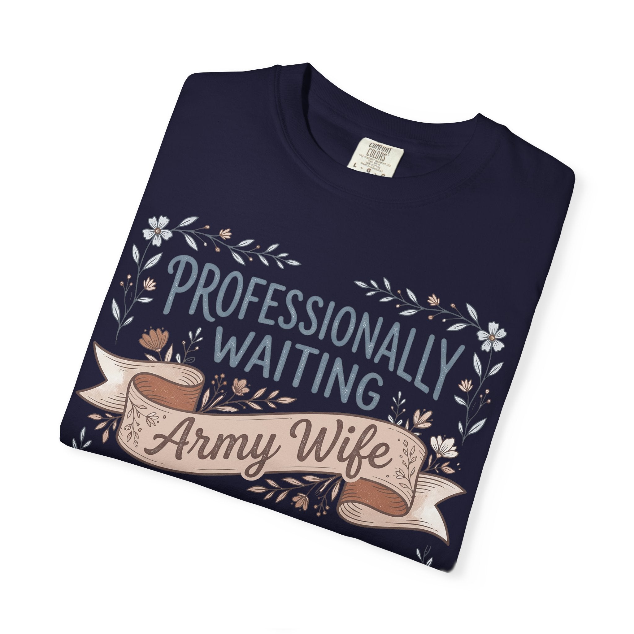 Navy folded crewneck t-shirt with floral ribbon “Professionally Waiting” graphic