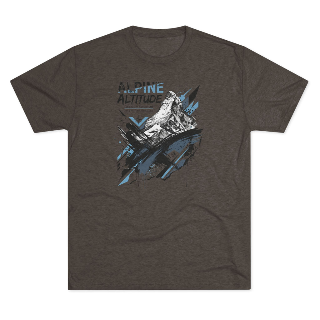 Brown T-shirt with mountain peak graphic and blue accent paint splashes