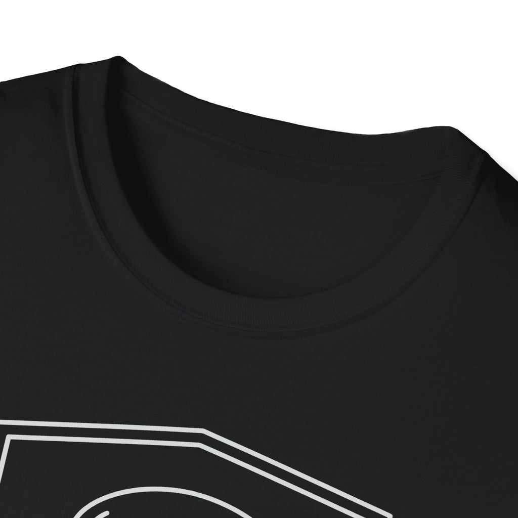 Black t-shirt neckline with partial front shield graphic printed in white outline