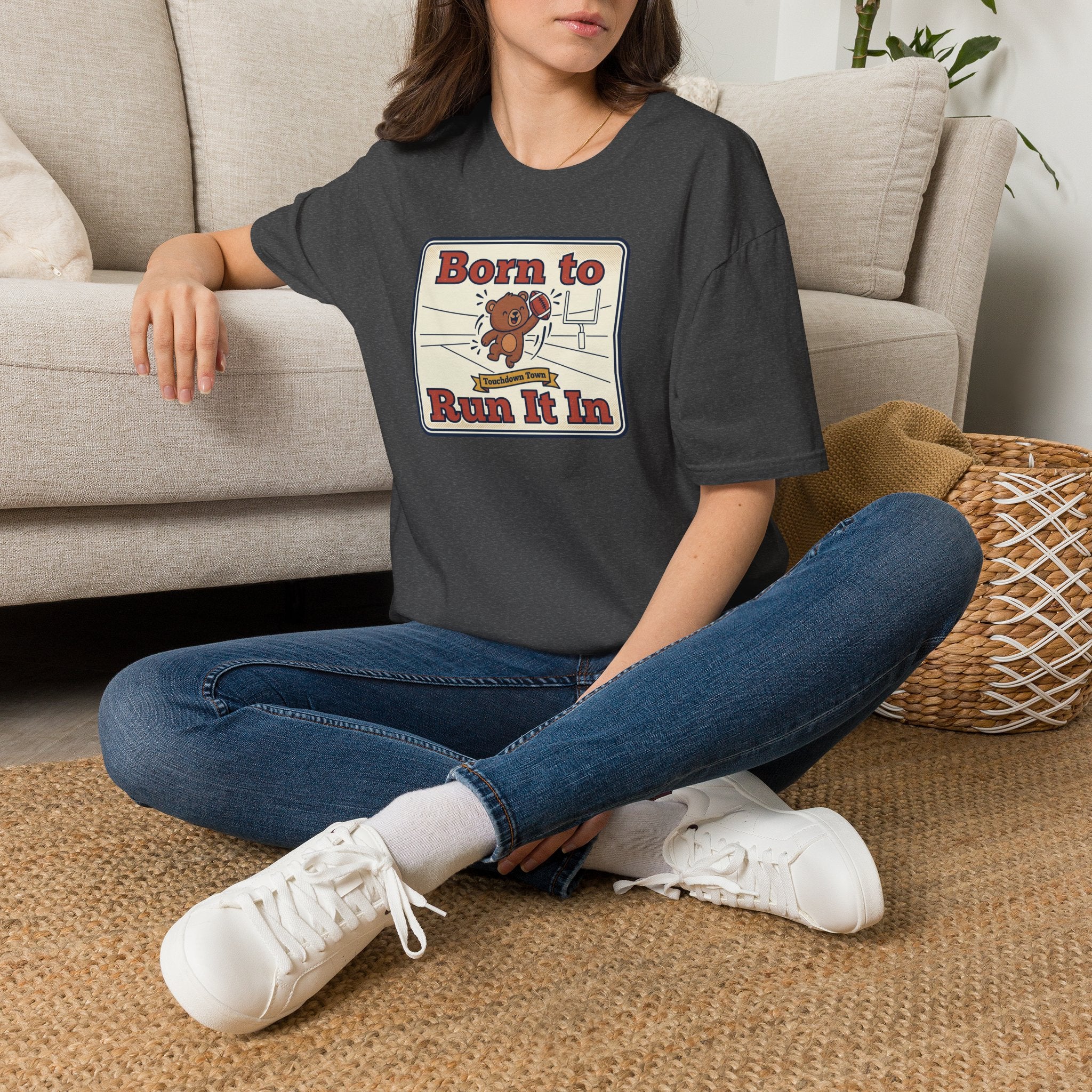 Dark heather graphic T-shirt with bear “Born to Run It In” on model