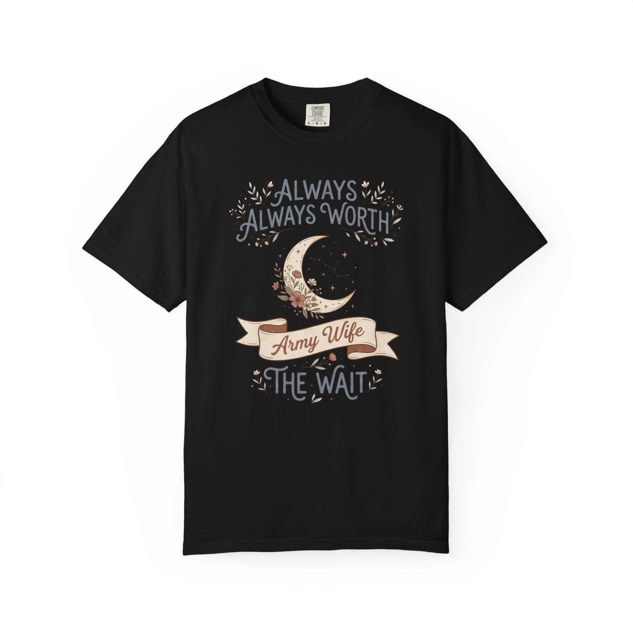 Black crewneck T-shirt with moon and “Always Worth the Wait” graphic