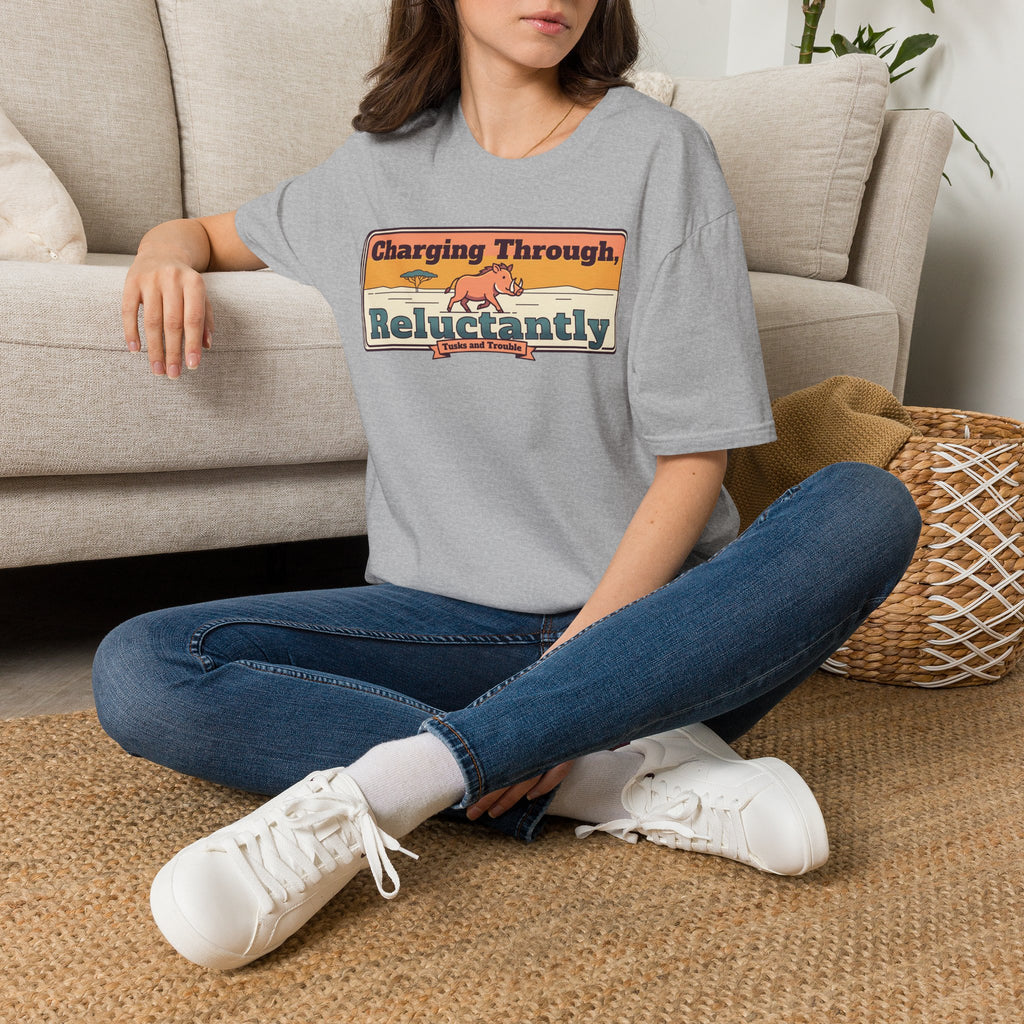 Light gray graphic T-shirt with cartoon rhino and retro banner-style text print