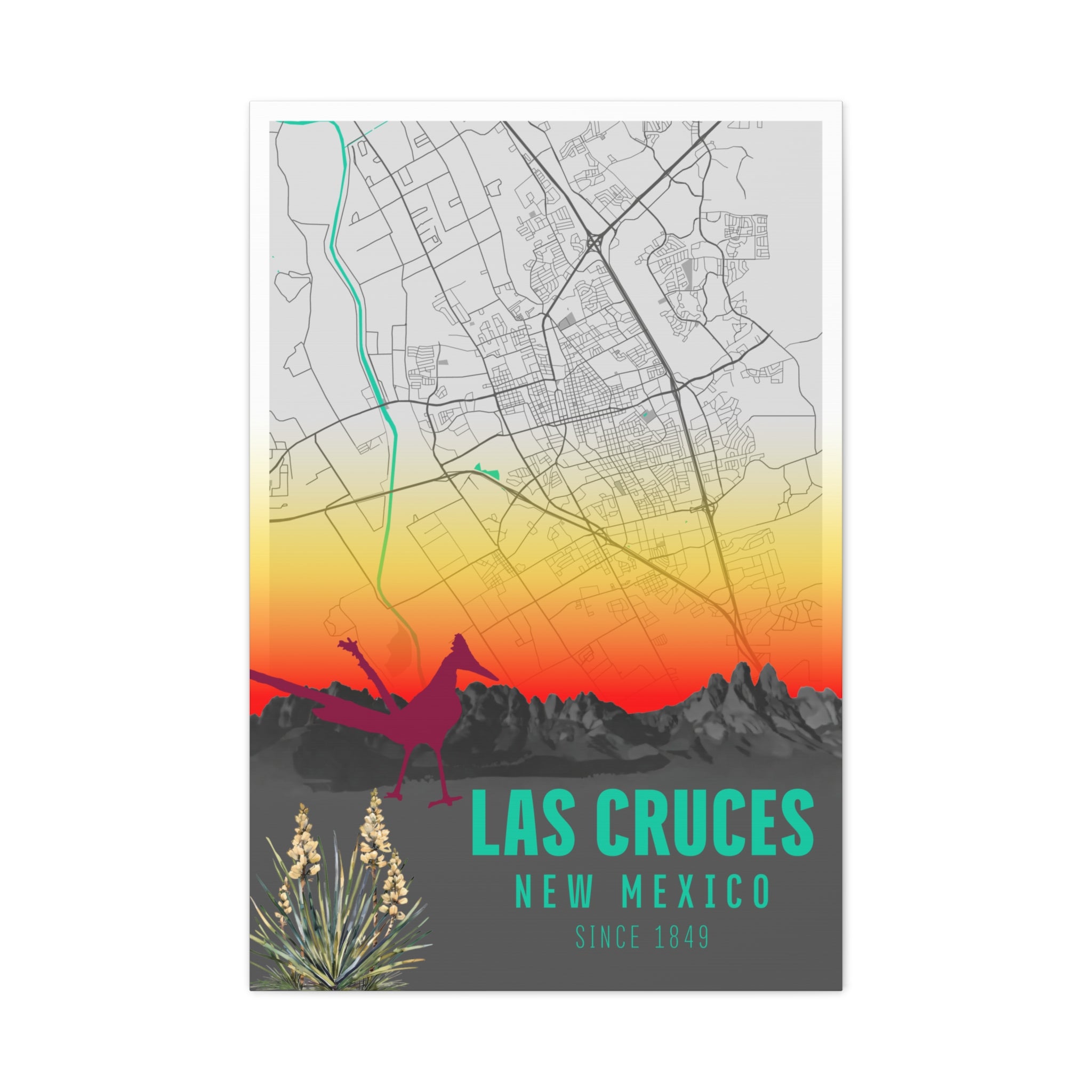 Las Cruces New Mexico map canvas, turquoise river line, 'Las Cruces' and 'Since 1849' text