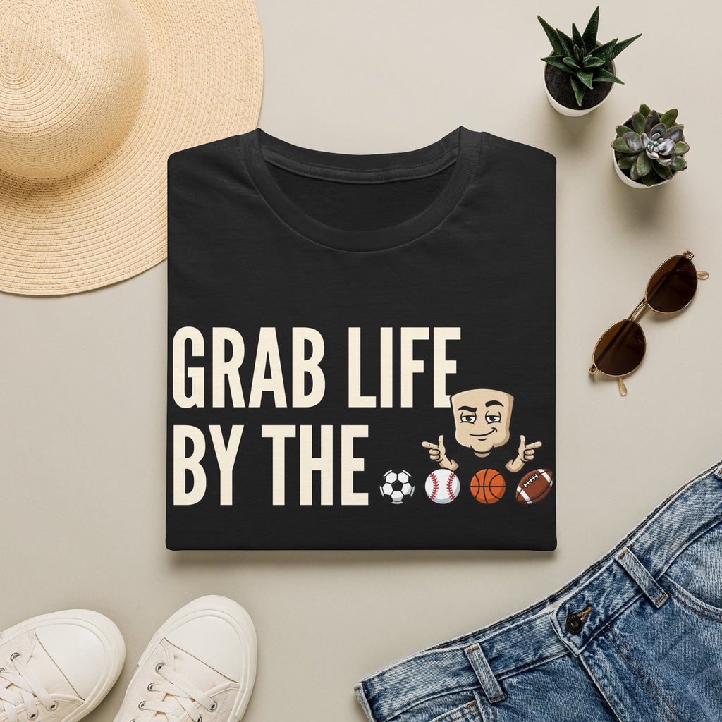 Black T-shirt with “GRAB LIFE BY THE” sports ball graphic and cartoon coach
