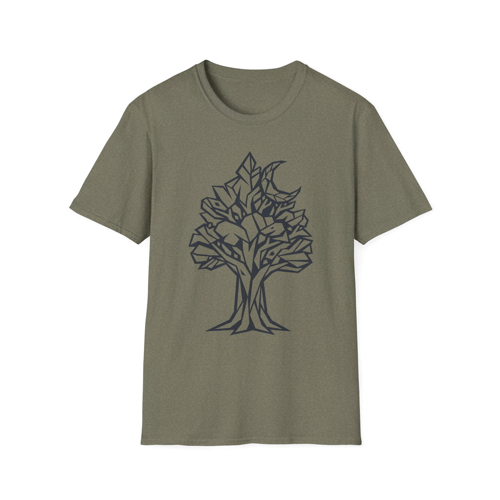 Heather military green T-shirt with geometric tree moon botanical line art graphic