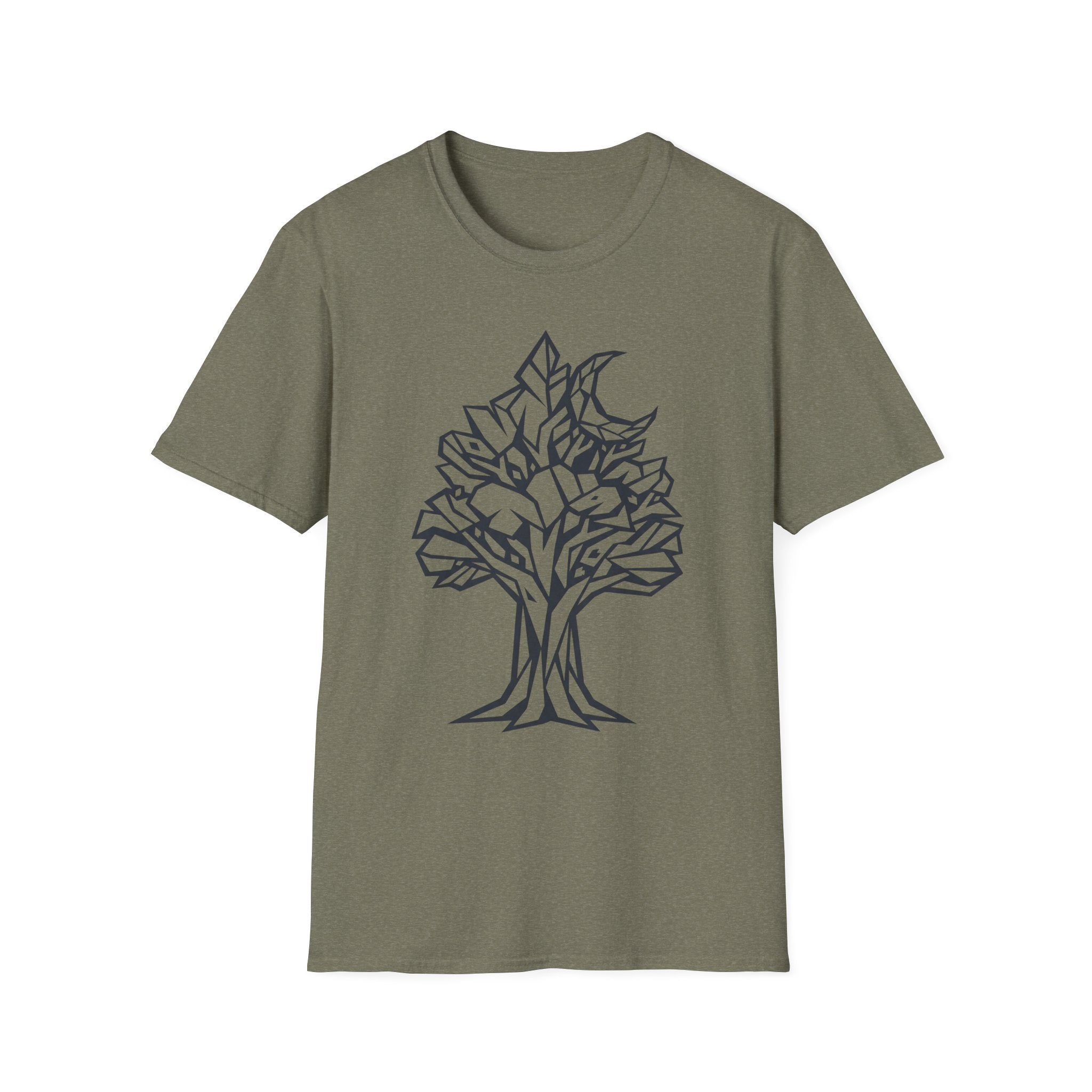 Heather military green T-shirt with geometric tree moon botanical line art graphic