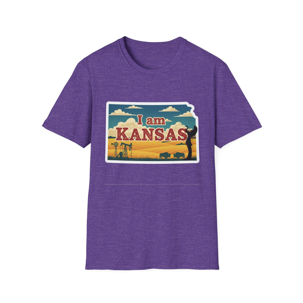 Purple I am Kansas T-shirt with prairie scene silhouette graphic