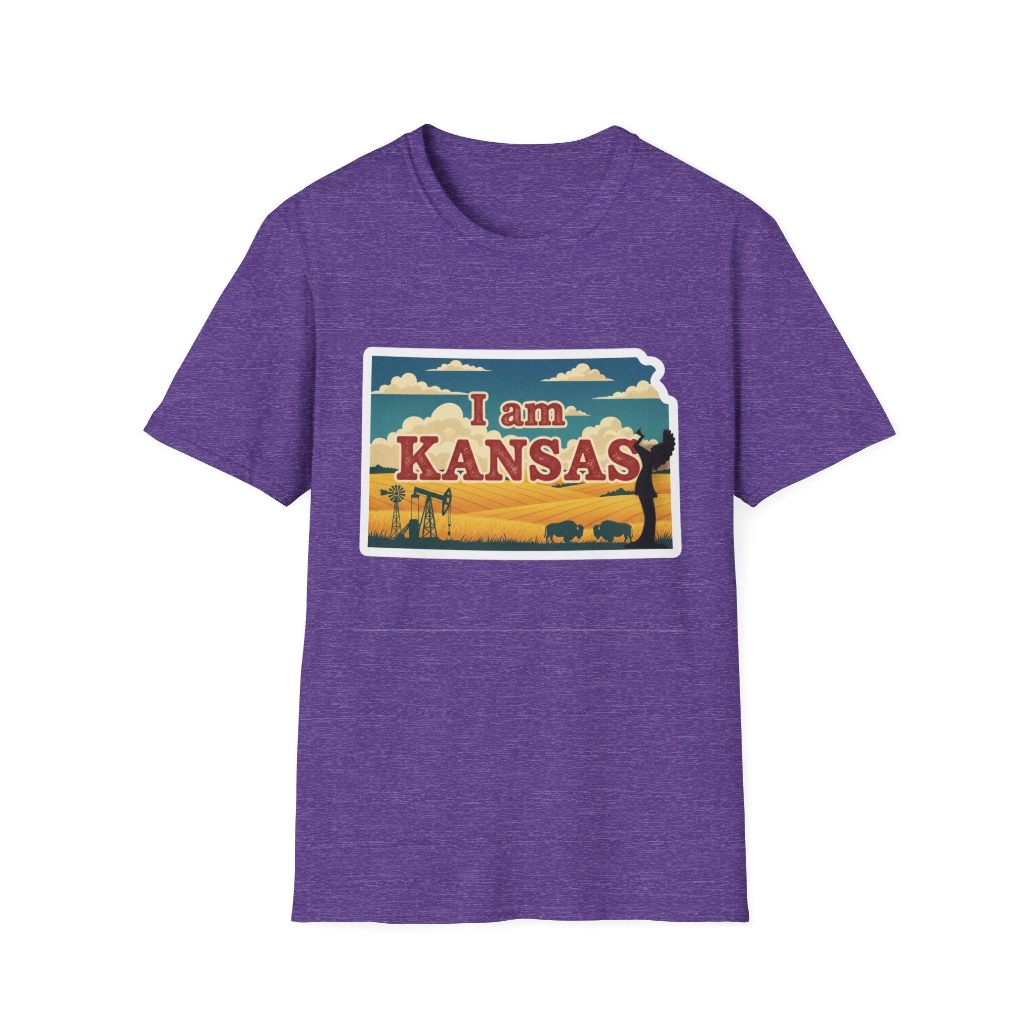 Purple I am Kansas T-shirt with prairie scene silhouette graphic