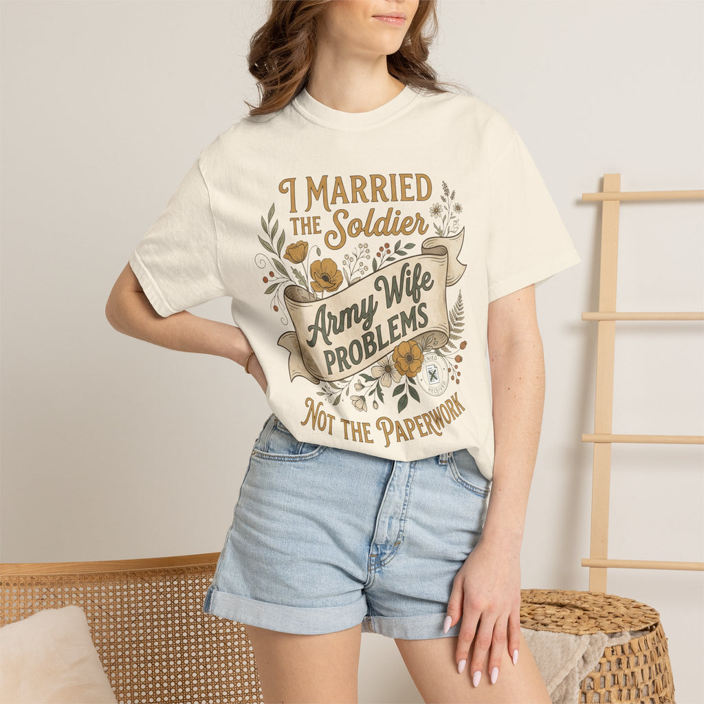 Ivory crewneck T-shirt worn by model, 'Army Wife Problems' graphic front