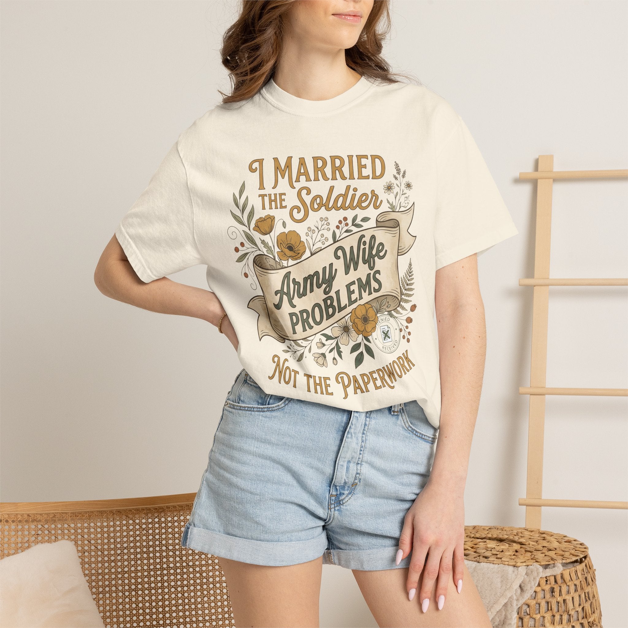 Ivory crewneck T-shirt worn by model, 'Army Wife Problems' graphic front