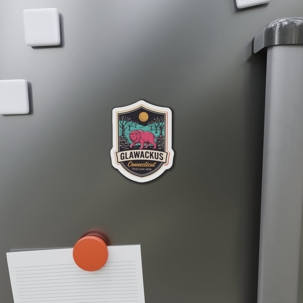 Die-cut Connecticut lion crest magnet on refrigerator door, shield with pink lion graphic
