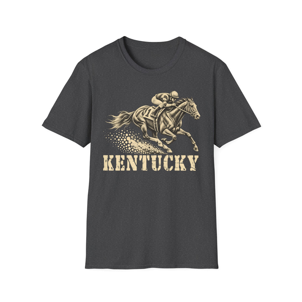 Charcoal gray t-shirt with jockey on galloping racehorse and 'KENTUCKY' graphic print