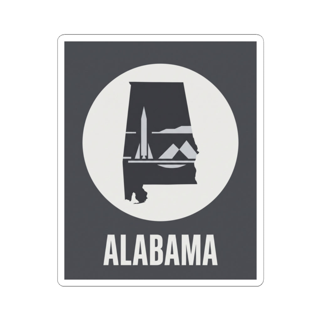 Alabama outline sticker, dark square with white border, circular emblem, and “ALABAMA” text