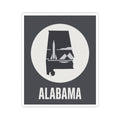 Alabama outline sticker, dark square with white border, circular emblem, and “ALABAMA” text