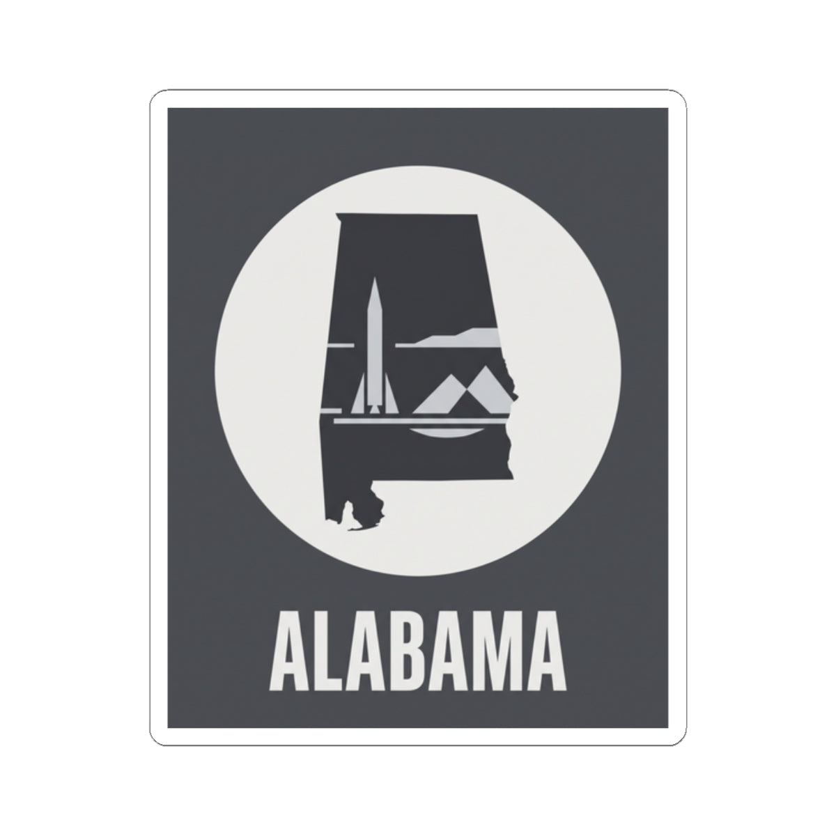 Alabama outline sticker, dark square with white border, circular emblem, and “ALABAMA” text