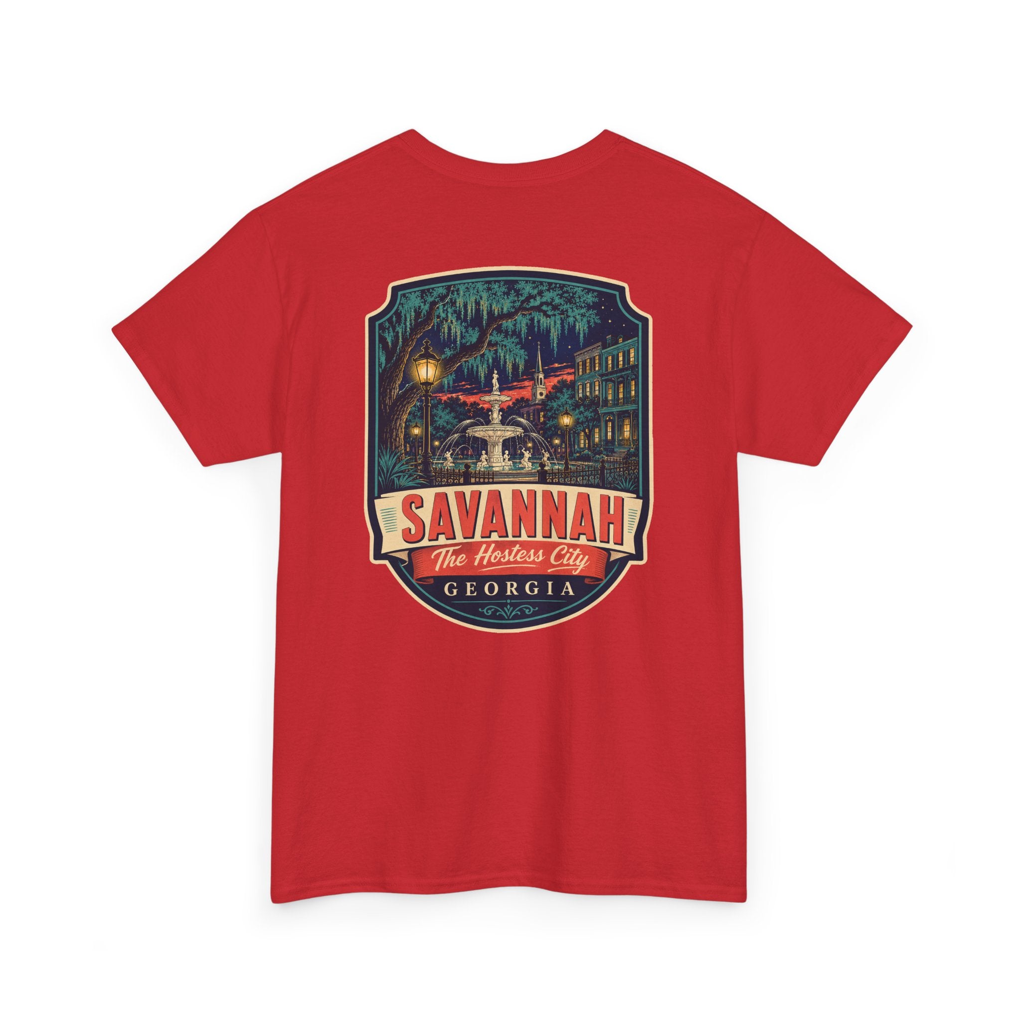 Red Savannah city badge graphic T-shirt with short sleeves and crew neck.
