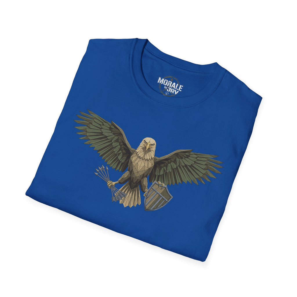 Soaring Hawk T-Shirt, Royalblau, Raptor mit Flügeln und geometrischem Stil vorne