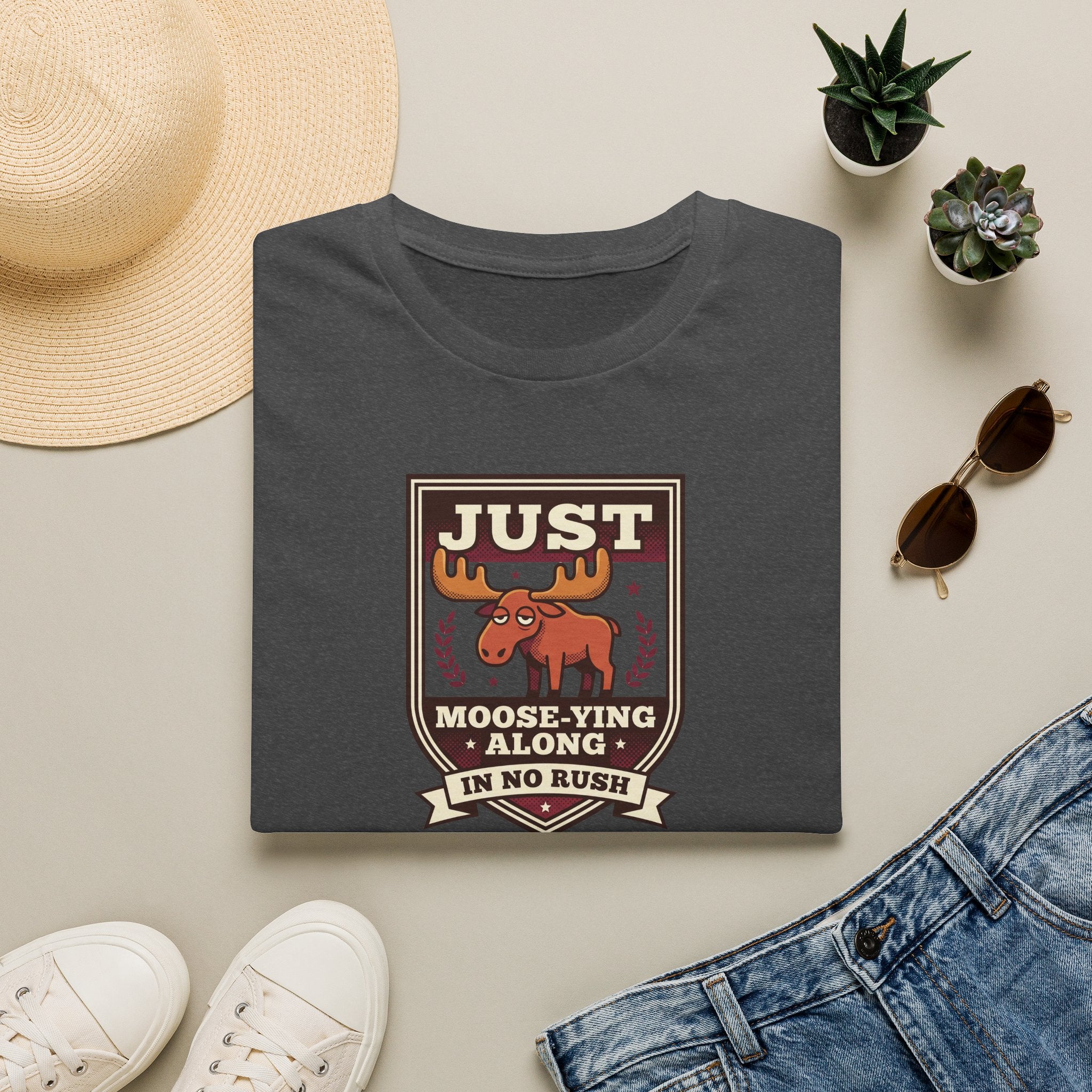 Dark gray crewneck T-shirt with “Just Moose-ying Along” moose graphic on chest
