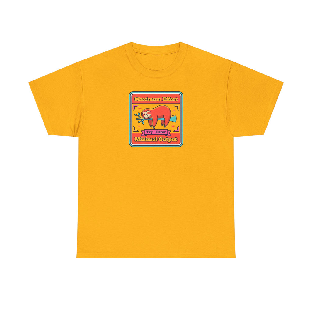 Mustard yellow short-sleeve T-shirt with colorful sloth graphic chest print