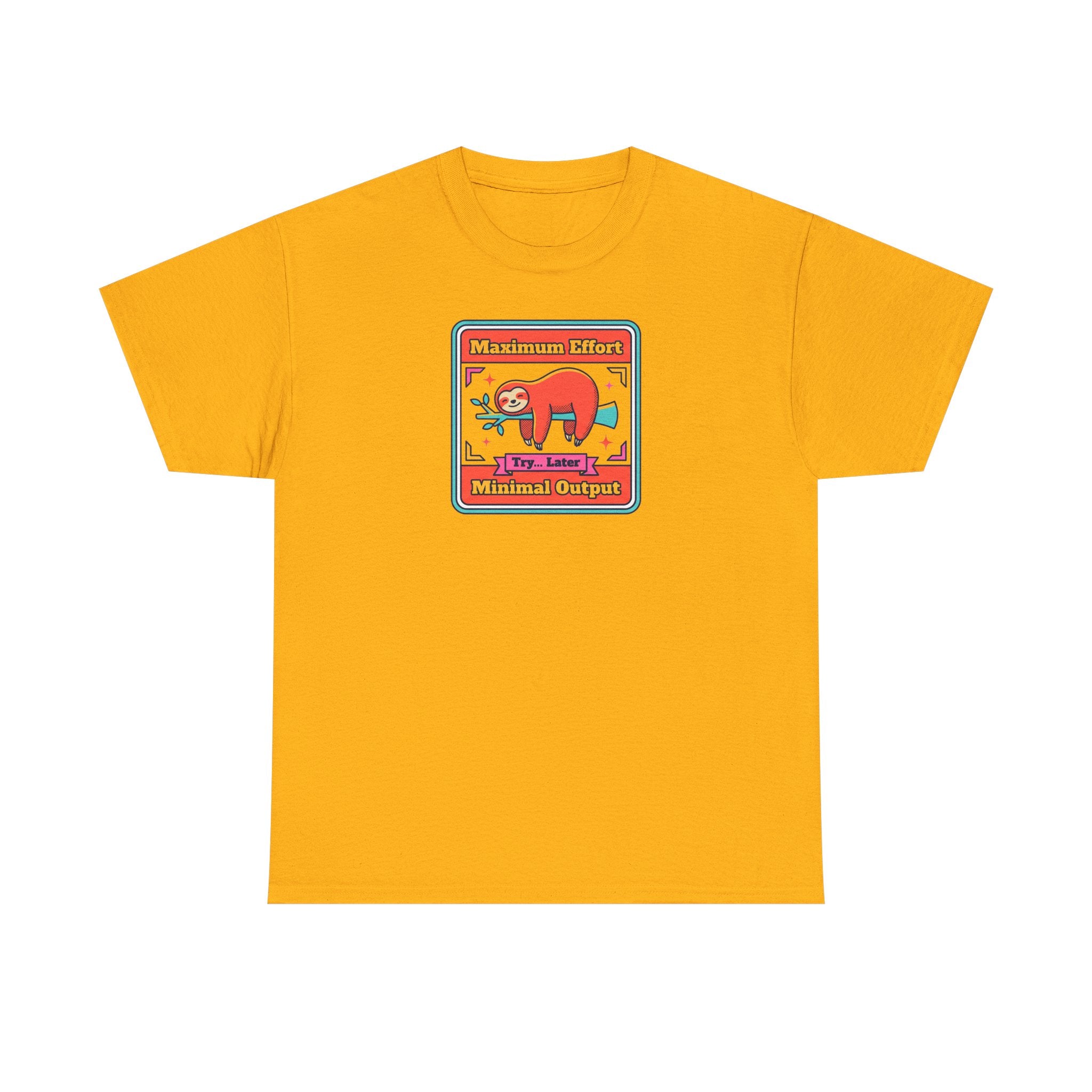 Mustard yellow short-sleeve T-shirt with colorful sloth graphic chest print