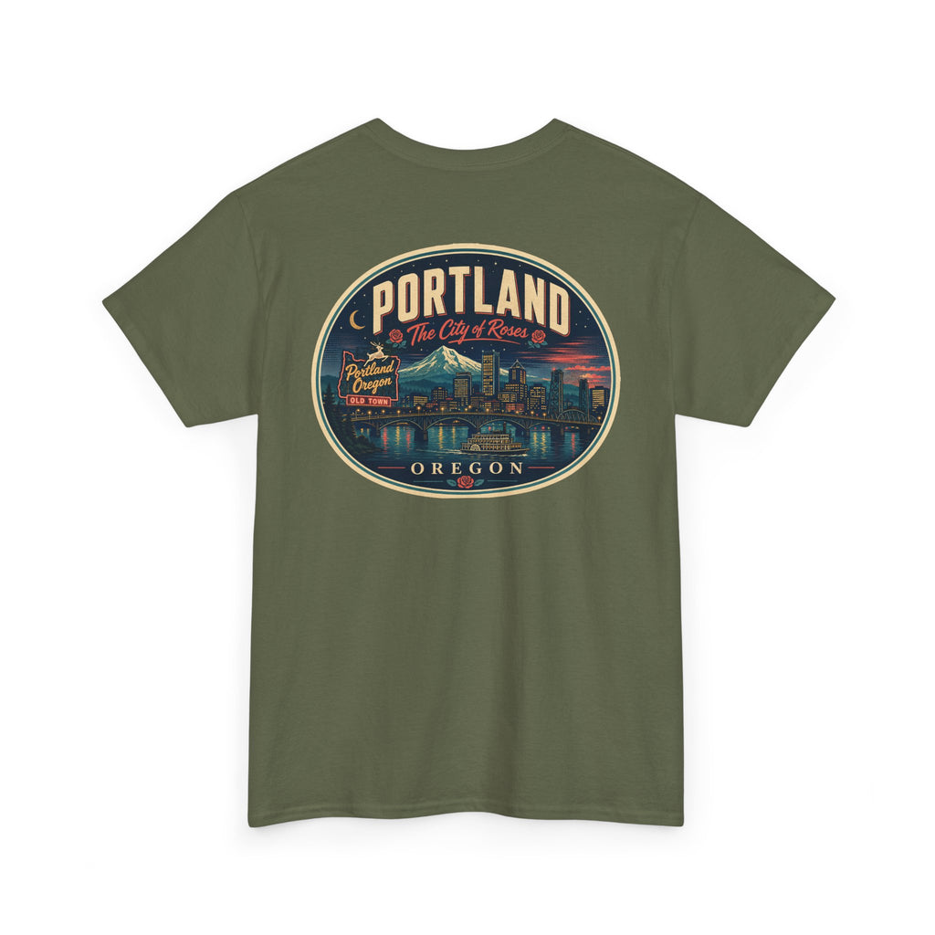 Military green T-shirt with Portland Oregon round skyline badge graphic