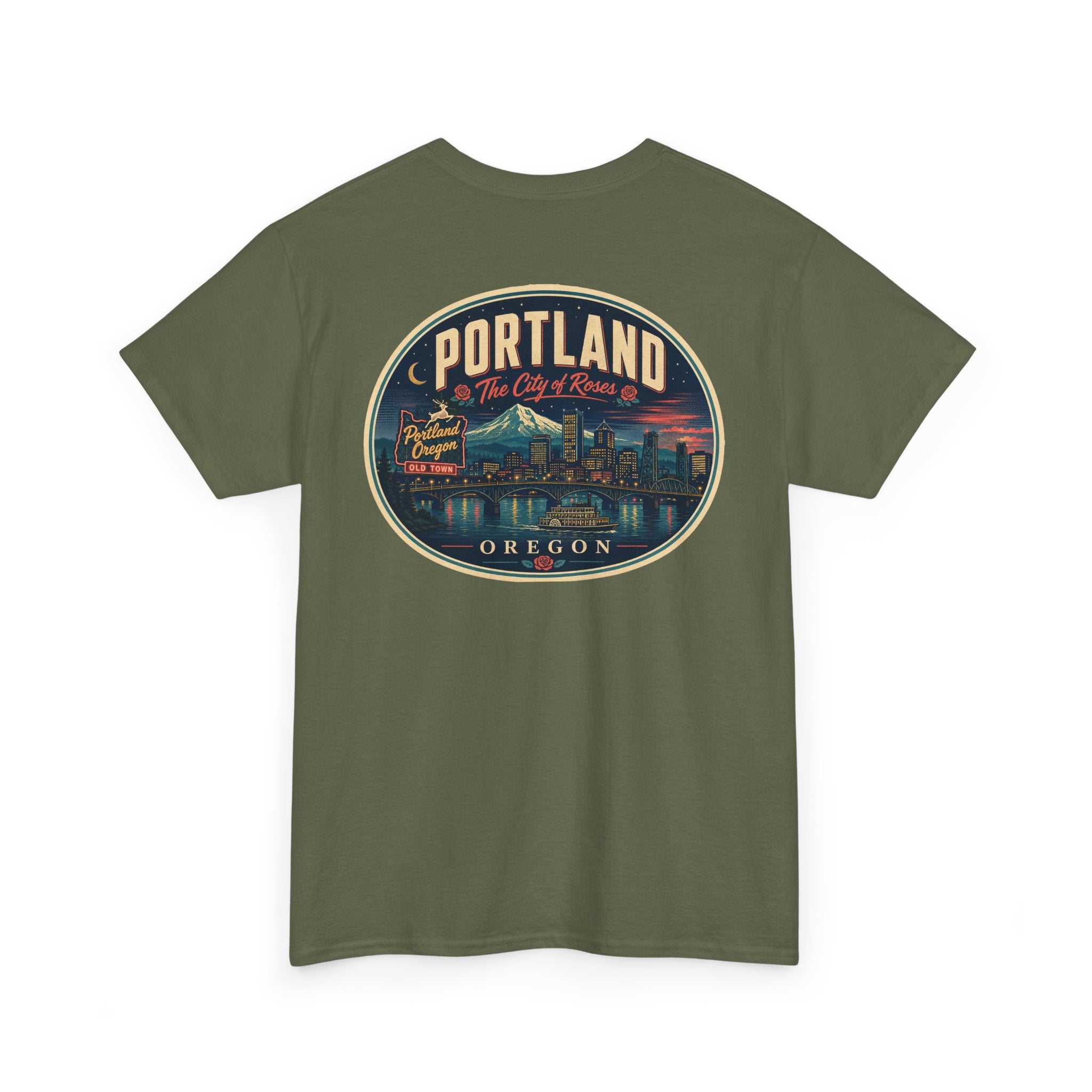 Military green T-shirt with Portland Oregon round skyline badge graphic