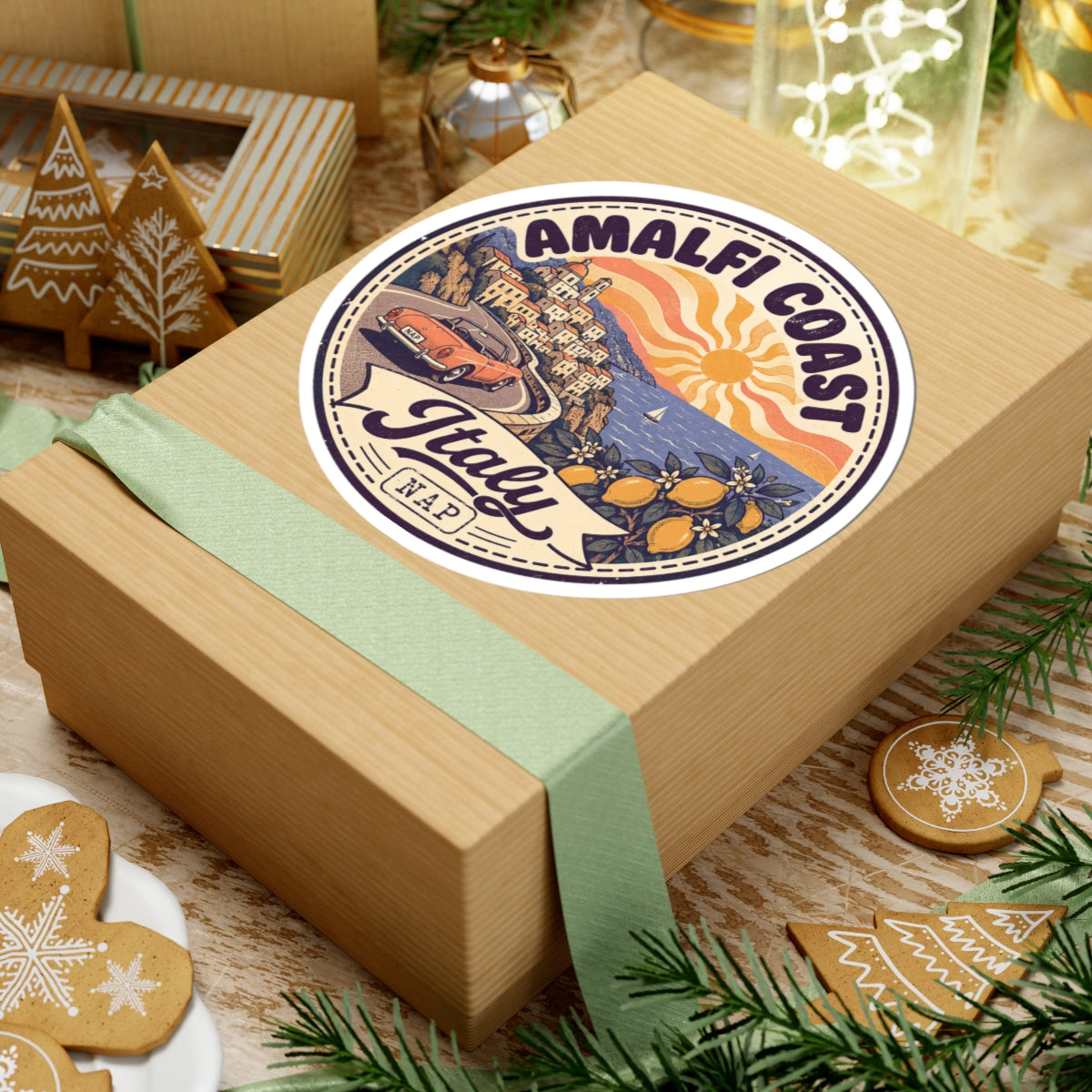 Round Amalfi Coast Italy sticker on a wrapped box, featuring car, sea, and lemons