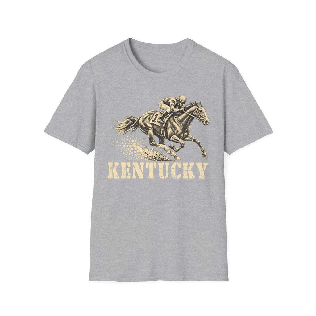 Light gray t-shirt with jockey on galloping racehorse and 'KENTUCKY' graphic print