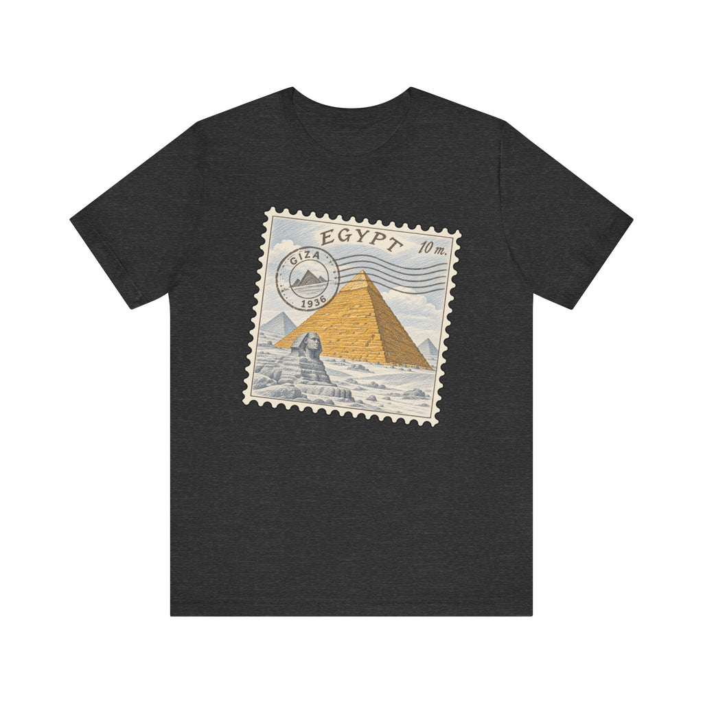 Charcoal T-shirt with Egypt stamp graphic featuring pyramids on front.