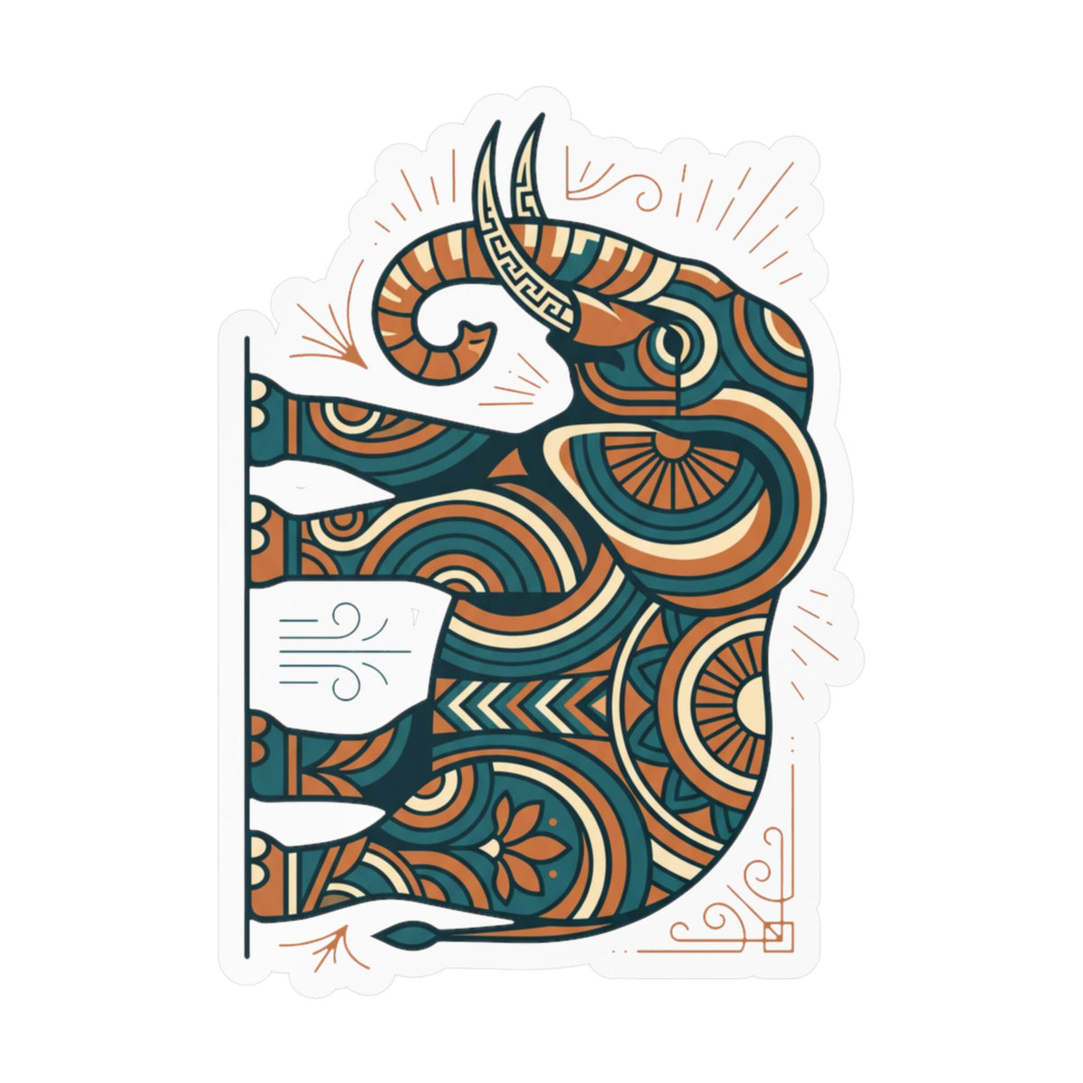 Kiss-cut ornate elephant pattern vinyl decal, teal and orange swirls with tusk details