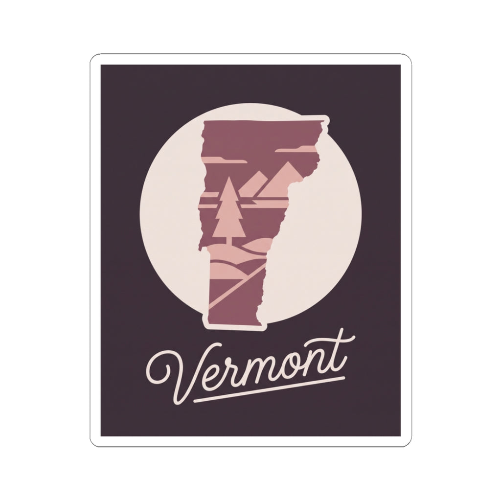 Vermont state silhouette decal with maroon pine artwork and cursive 'Vermont' text, white border