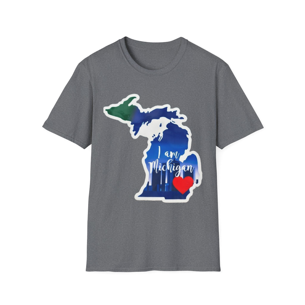 Gray Michigan map T-shirt featuring blue state outline, red heart, and “I am Michigan”