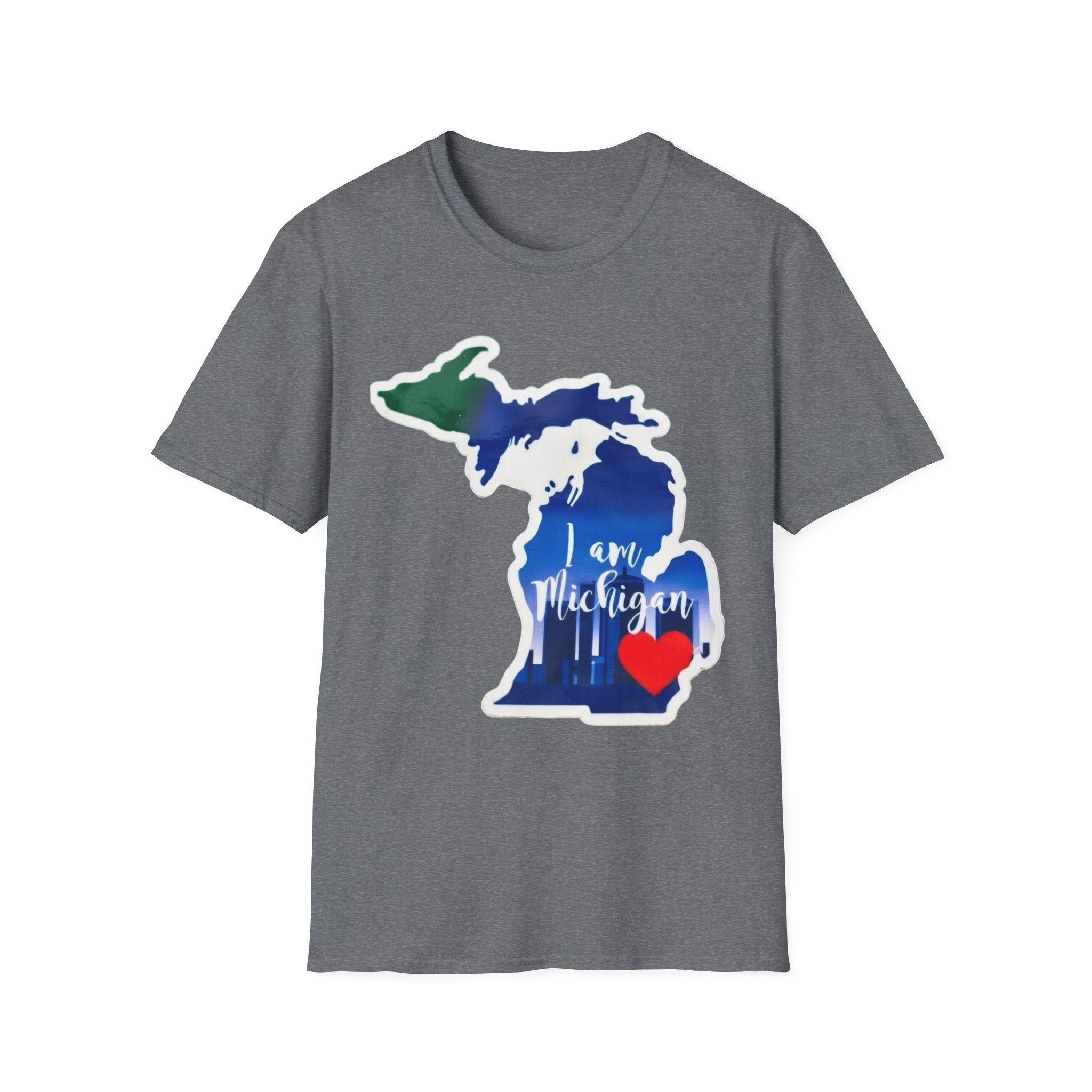 Gray Michigan map T-shirt featuring blue state outline, red heart, and “I am Michigan”