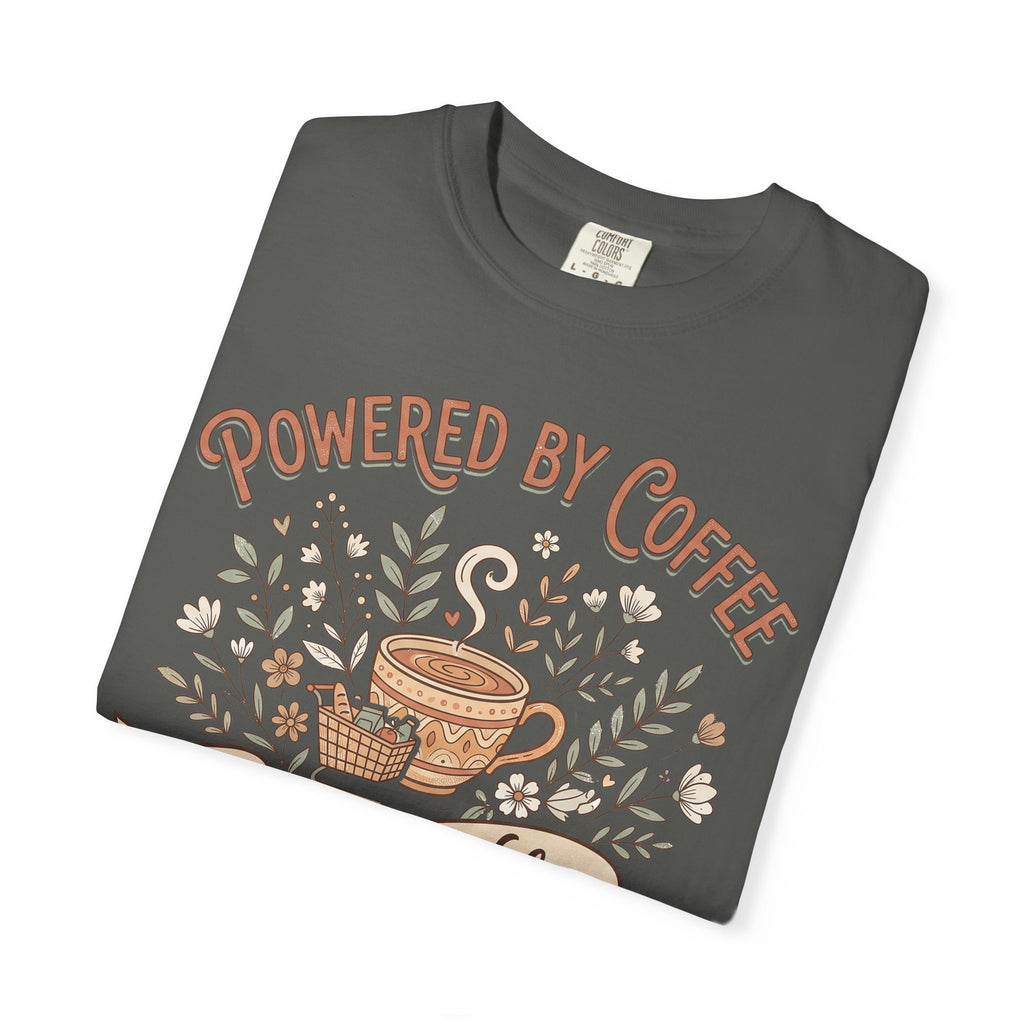 Dark gray T-shirt with 'Powered by Coffee' graphic, floral accents and coffee cup art