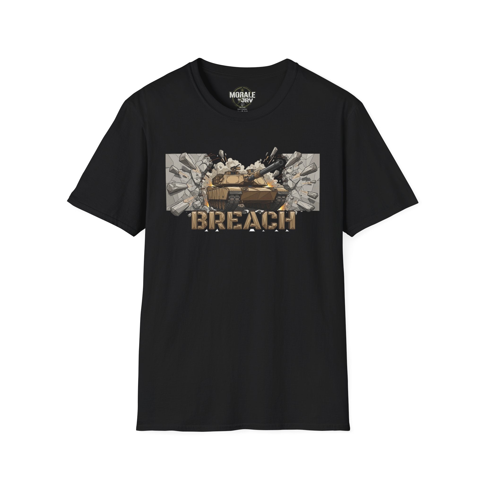 Black T-shirt with BREACH tactical tank burst artwork and bold “BREACH” print