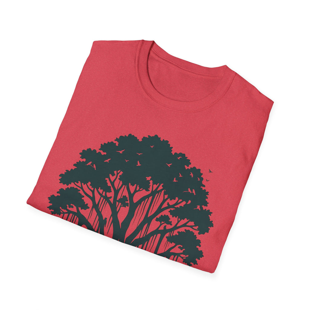 Banyan tree roots T-shirt, red, front graphic with birds and foliage