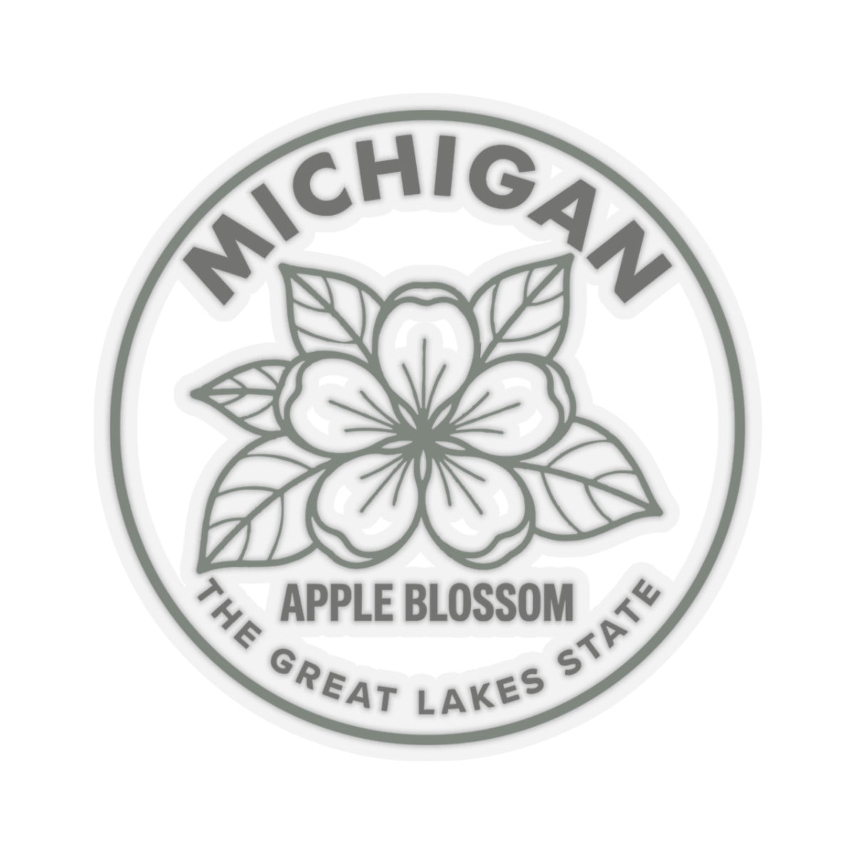 Circular apple blossom state flower sticker with Michigan lettering and gray blossom illustration