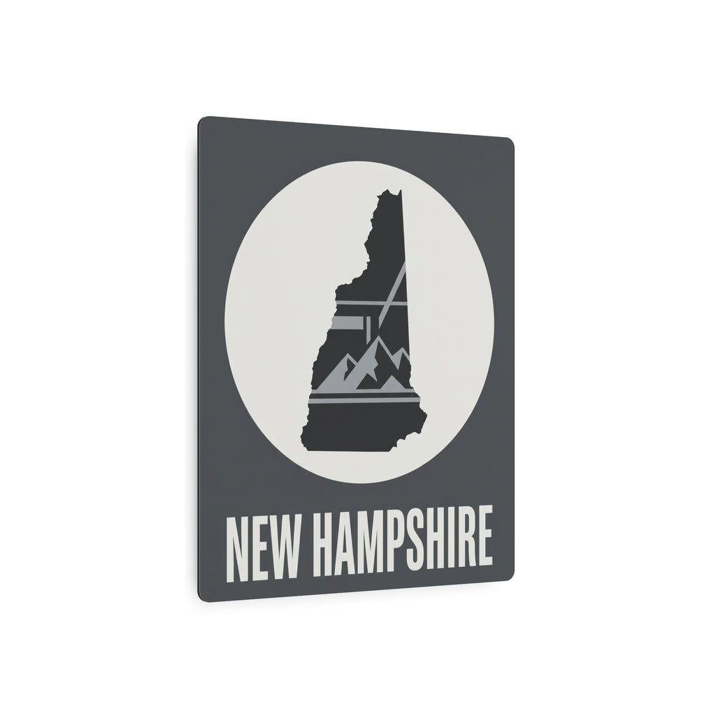 Metal wall art sign, angled view, with New Hampshire silhouette and "NEW HAMPSHIRE" text